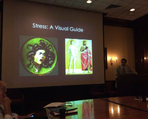 Matt Schelke, a student at Cornell, presents his research on a protein that potentially increases stress resilience.