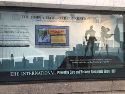 A video featuring Halima Amjad, MD, MPH, and other winners of the Foundation's 2015 Caregiving Story Contest plays on continuous loop as part of the display.